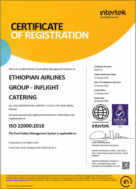 ISO 22000:2018 Certificate of Registration