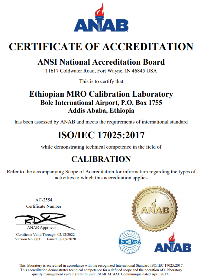 Calibration Services Ethiopian Airlines MRO